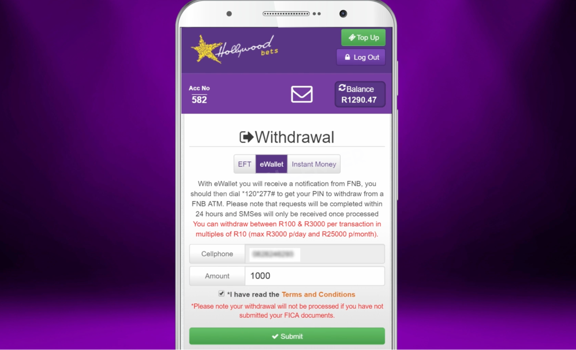 Ewallet withdrawals at Hollywoodbets