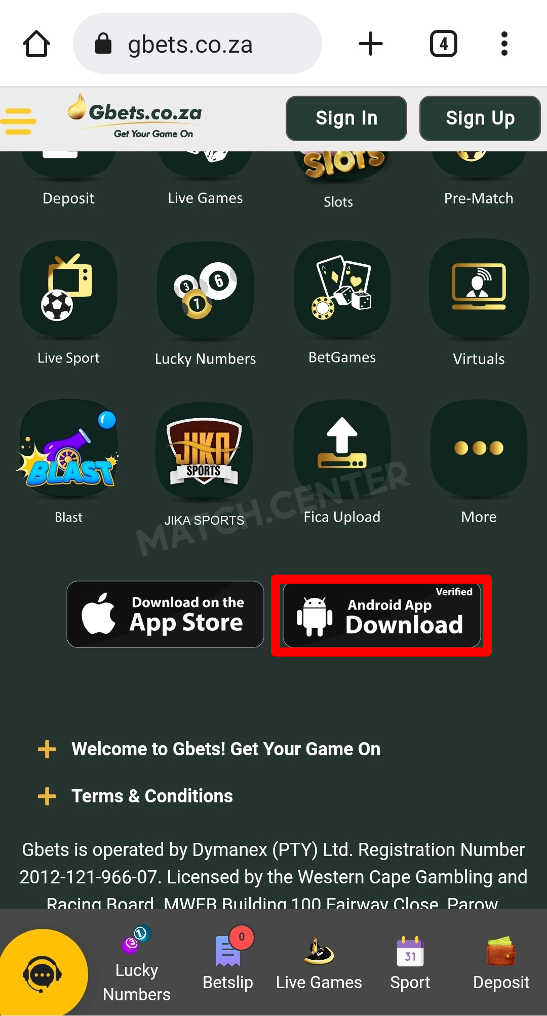 Gbets Android app download button