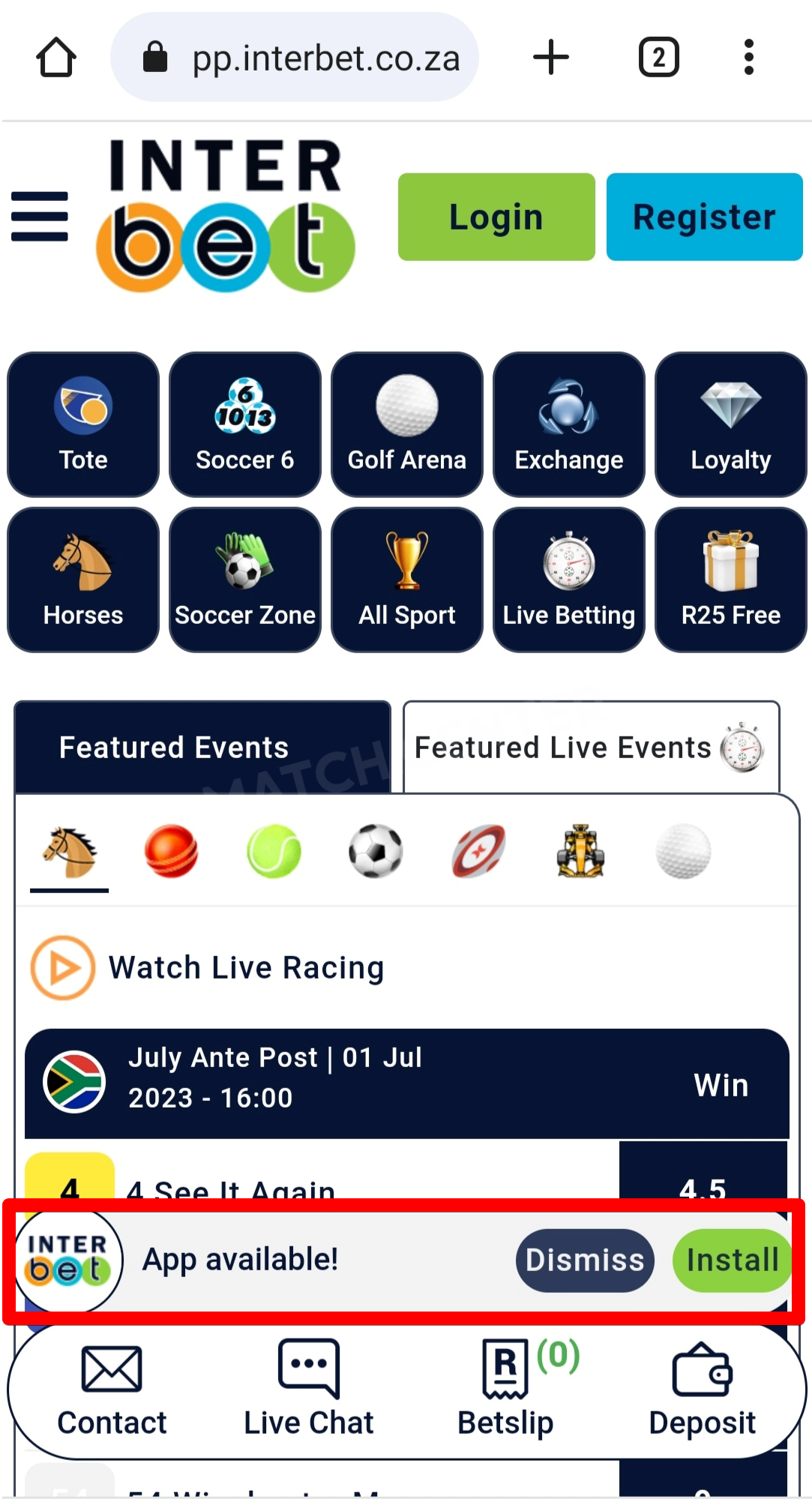 Interbet Android app apk download button