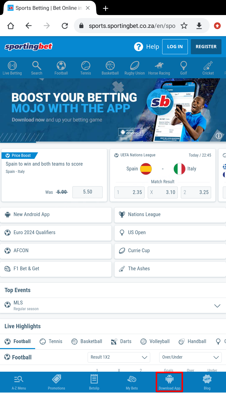 Android Sportingbet app download button