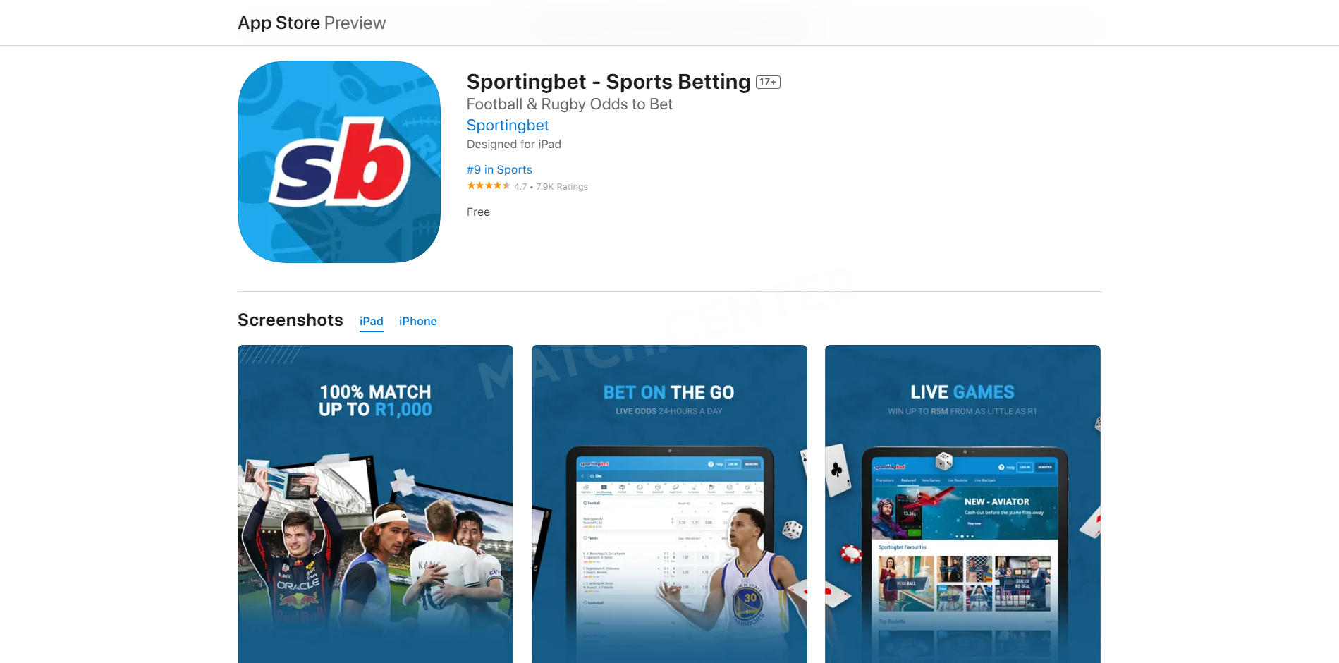 Sportingbet app page at the Apple app store