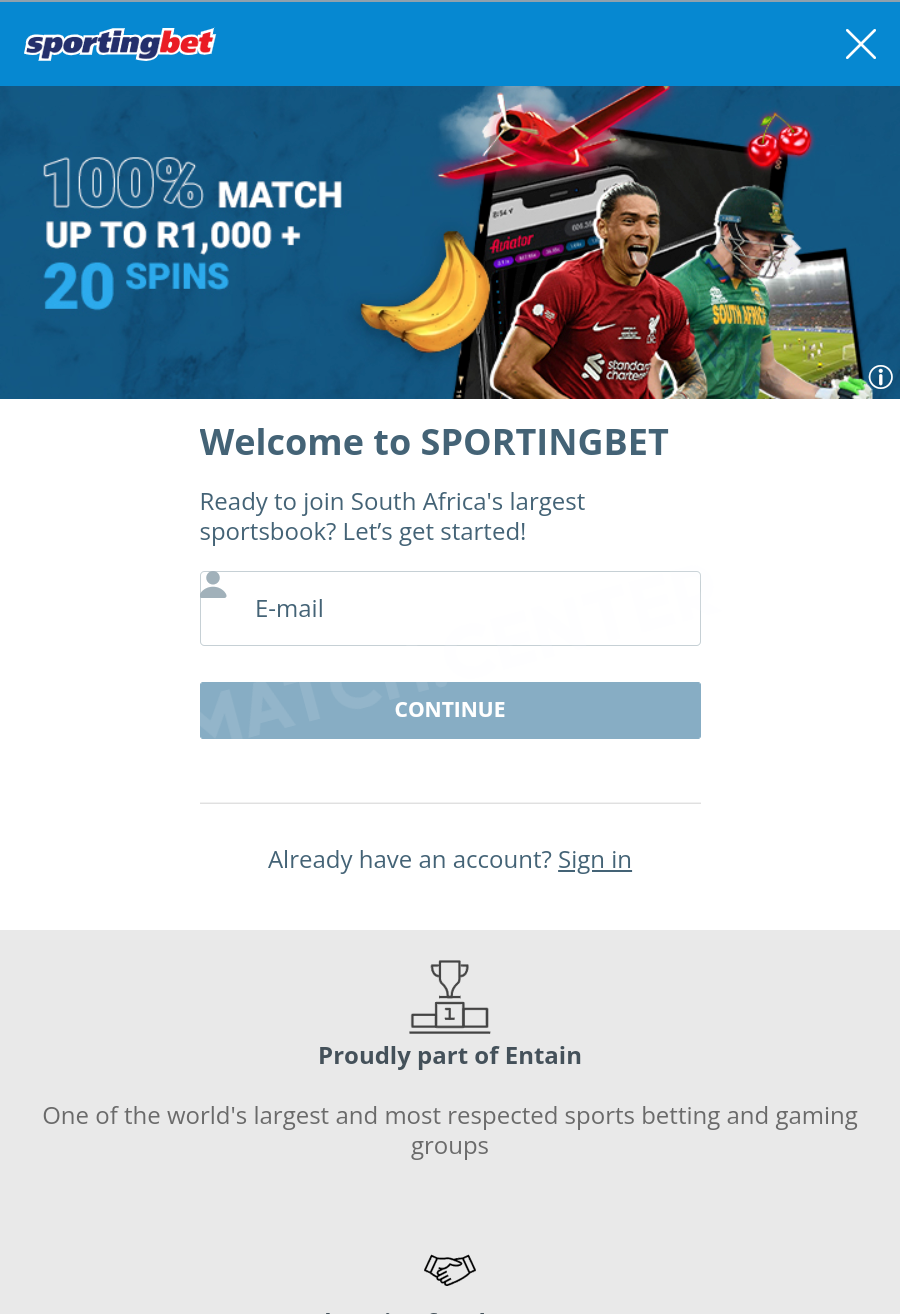 First step of Sportingbet mobile registrtion form