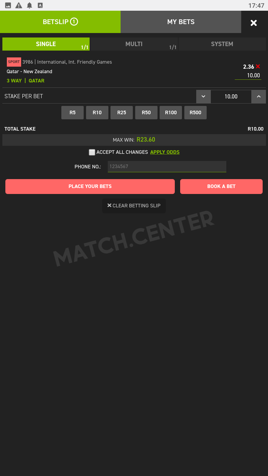 Betting slip at Playa Bets mobile app