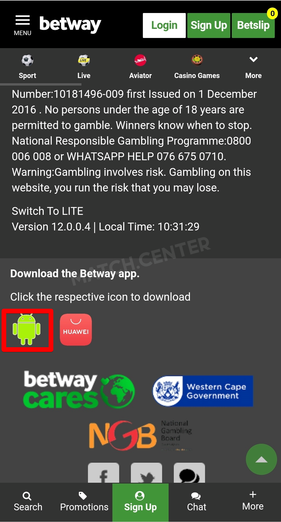 Betway app for Android button on the website