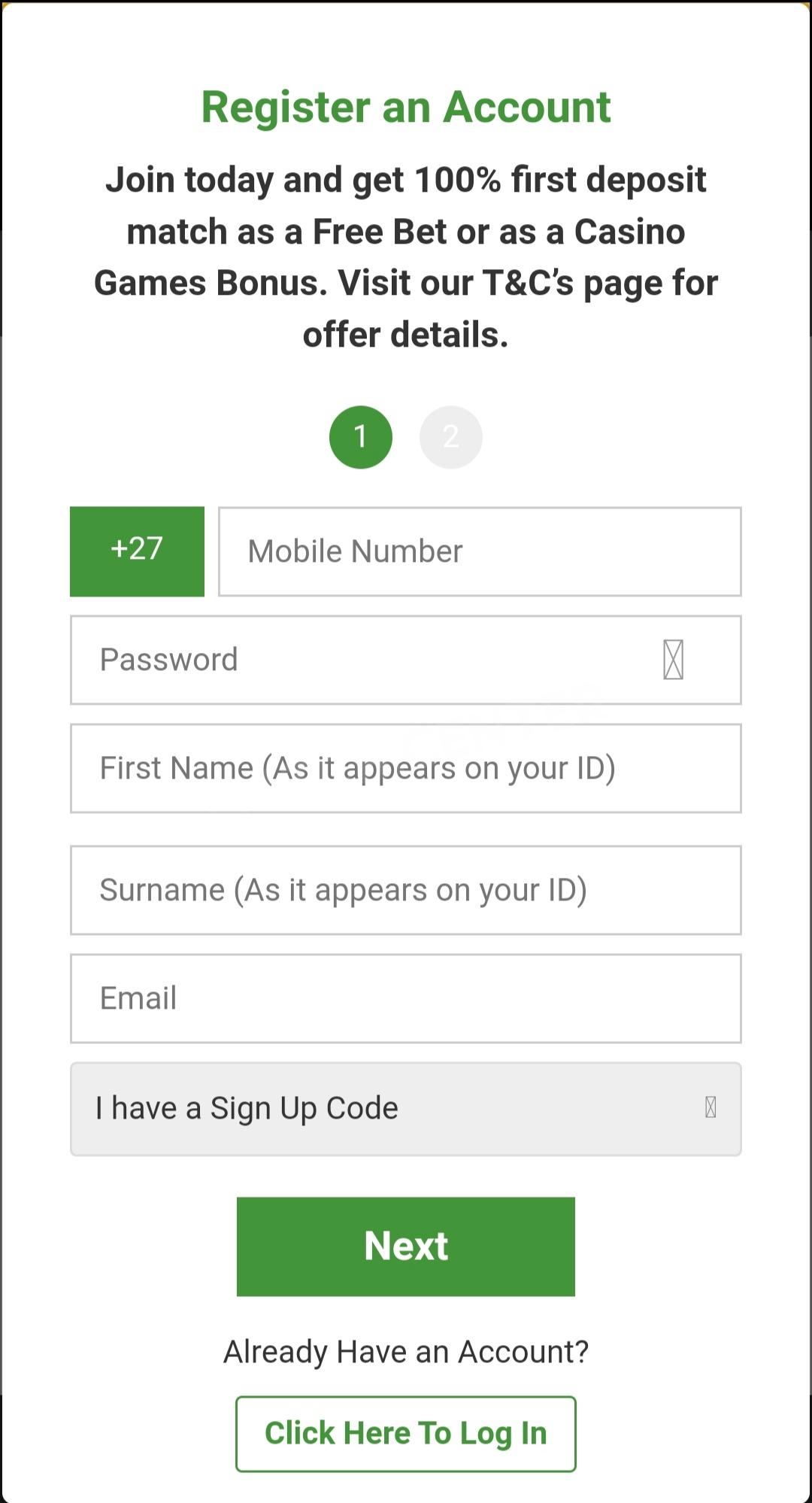 Betway app registration form