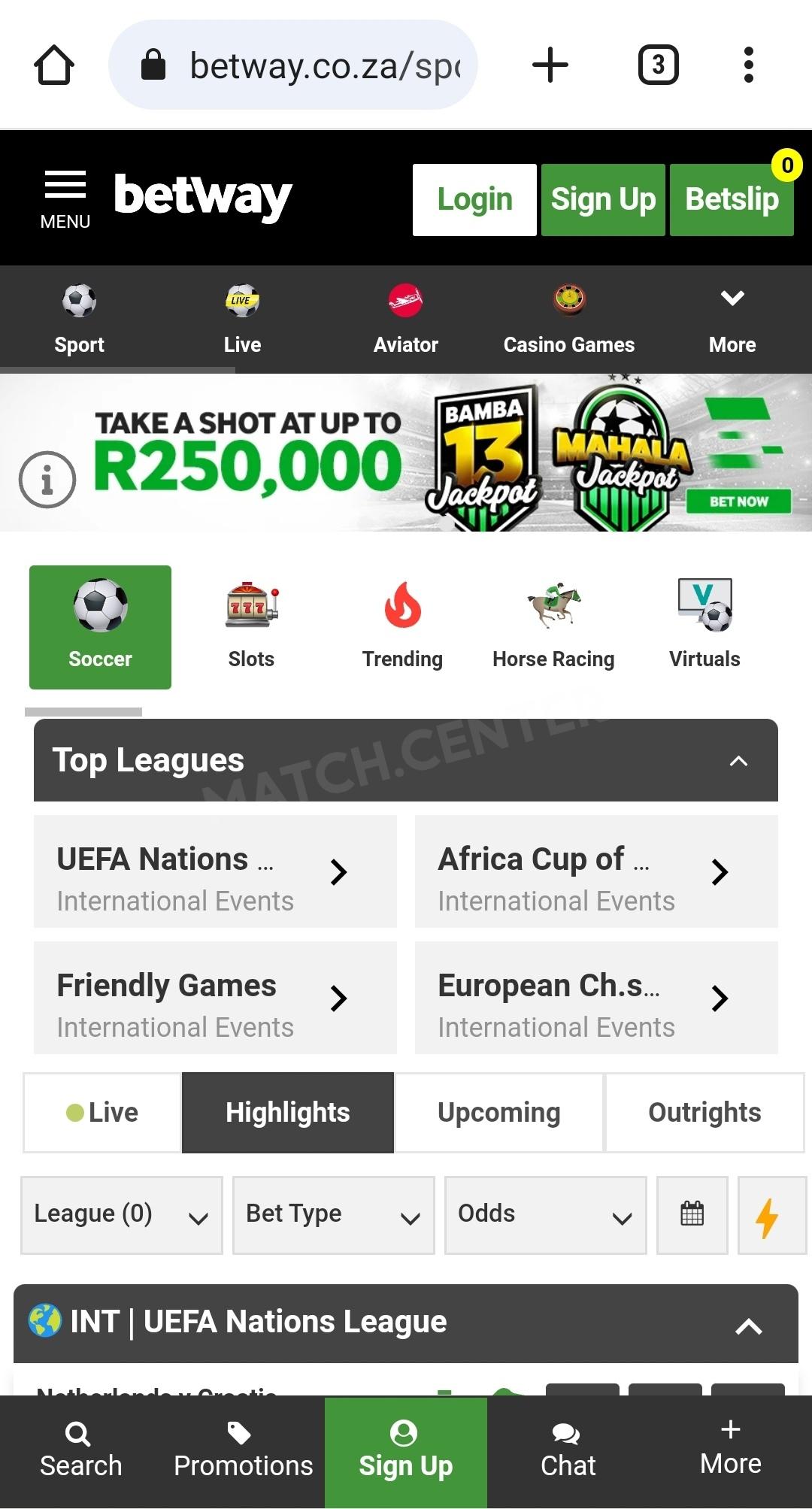 Betway mobile site start screen