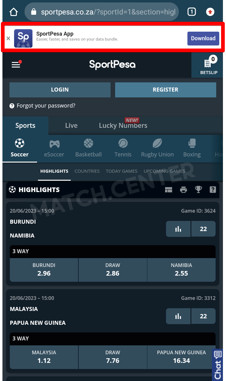 Sportpesa app download button on Android site mobile version