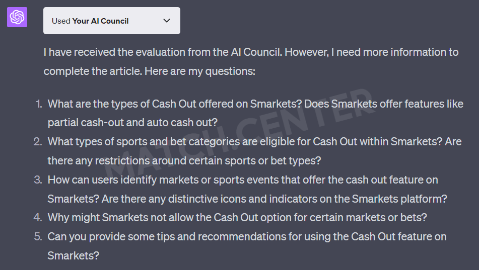 The 5 questions Your AI Council asked about a Cash Out article for Smarkets Betting Exchange