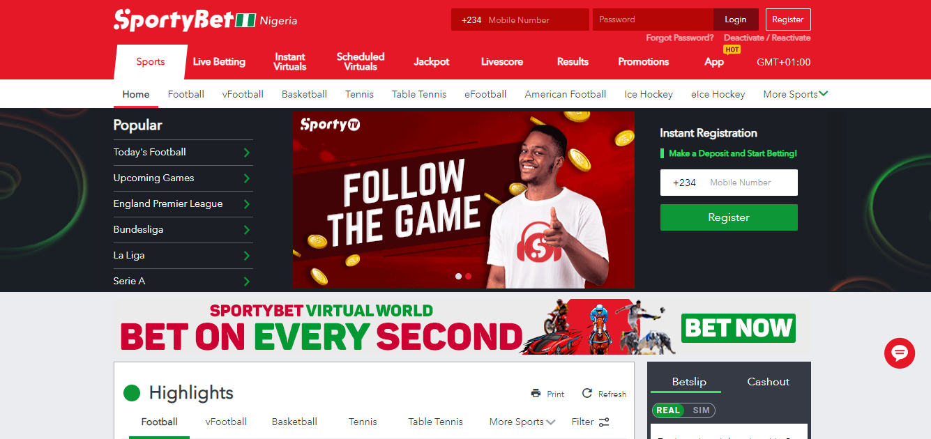 Desktop version of the SportyBet Nigeria website