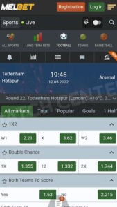 Sporting event markets on the mobile version of Melbet