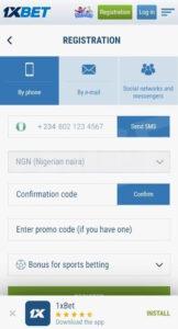 Registration form on the 1xBet mobile site