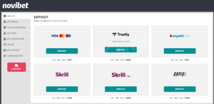 Novibet account, the payment method page