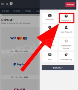 Mobile site version, the button of withdrawal in the personal Novibet account menu