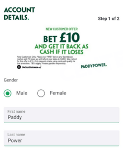 Signing up in Paddy Power App. Step 1