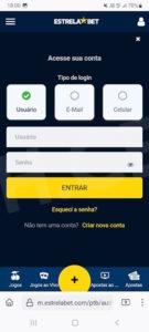As opções de login no site da Estrela Bet no dispositivo móvel com Android.