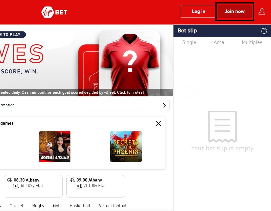 "Join now" button on the Virgin Bet homepage to sign up