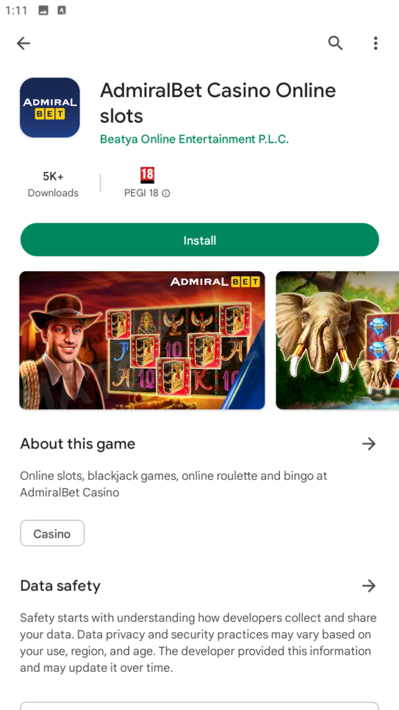 La página de la aplicación de Admiralbet en Google Play