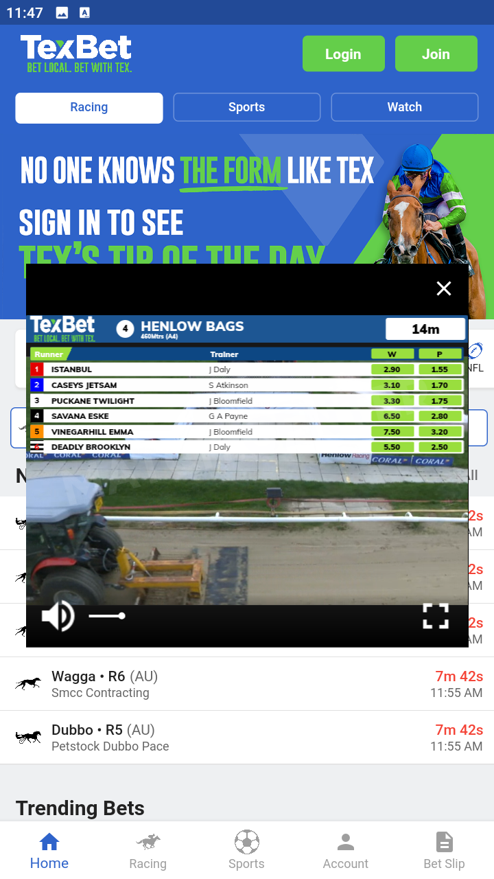 Live streaming in Texbet TV mobile version
