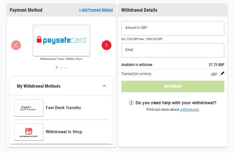 Paysafecard withdrawal box on the Ladbrokes site