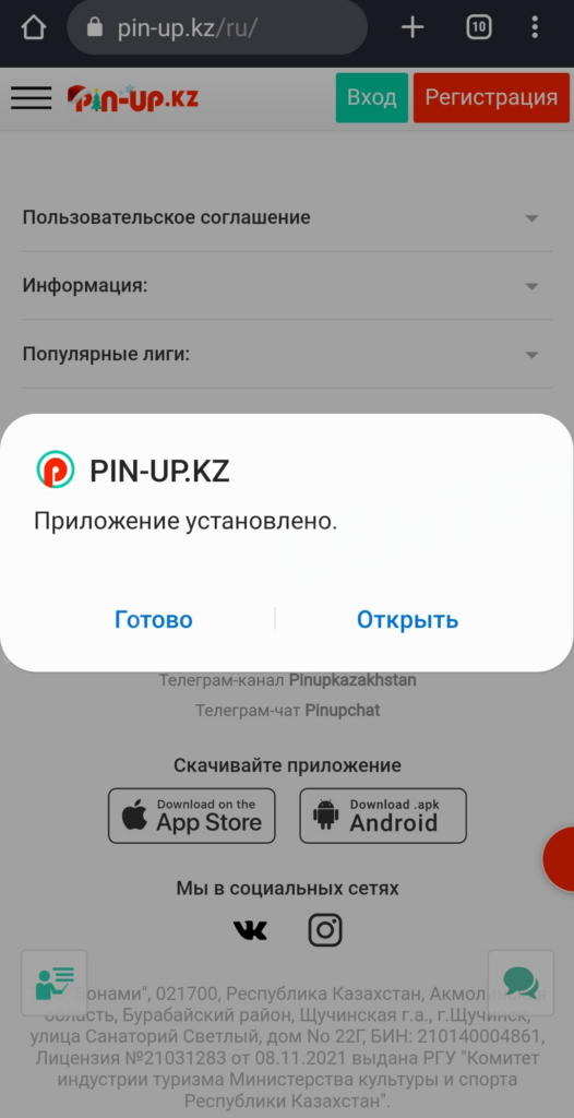 Приложение Pin-Up для Android установлено на телефон