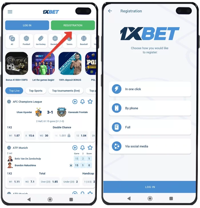 sing up with 1xbet app step 1