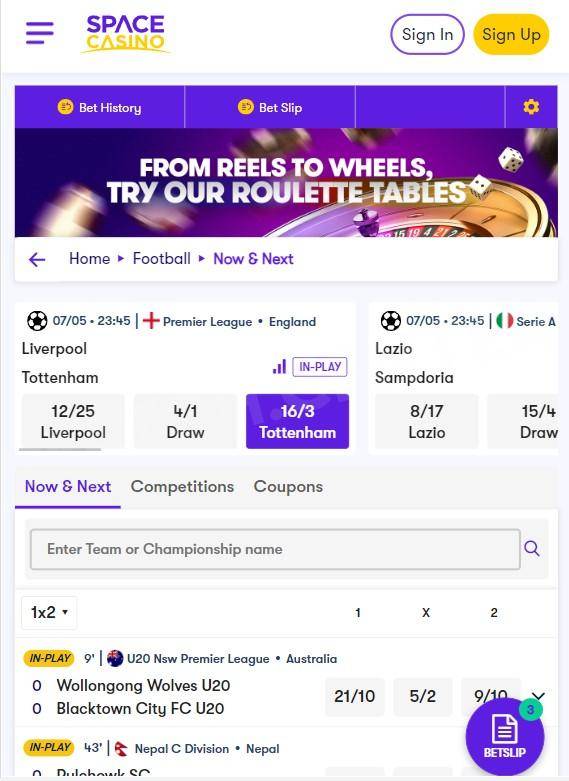 Space Casino, live and prematch football odds
