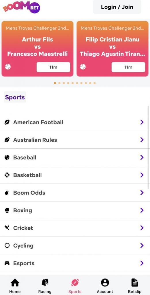 Sports section at Boom Bet mobile app