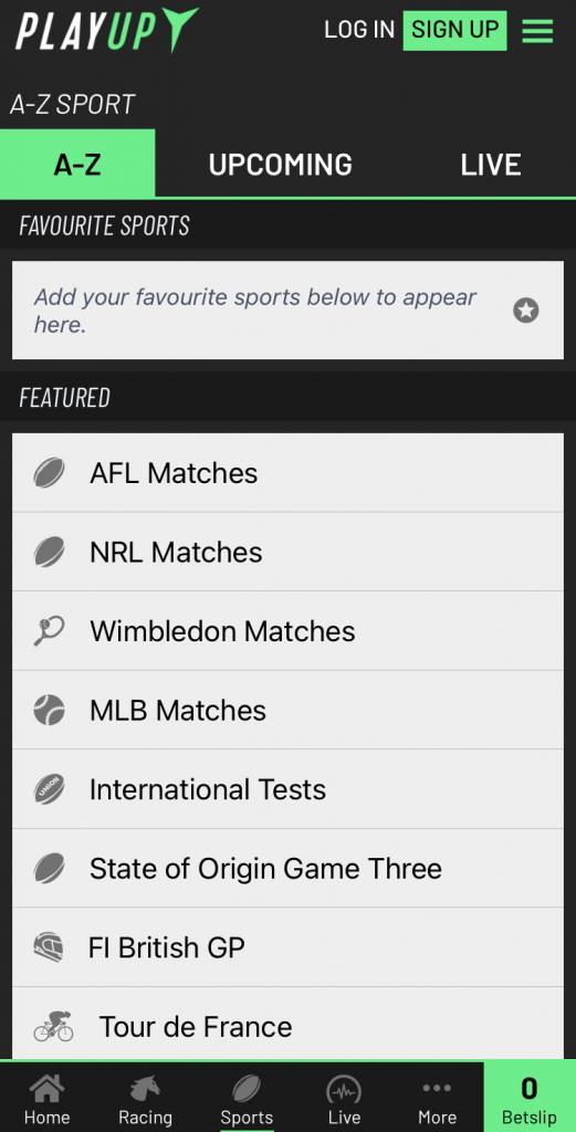 Sports section at Play Up mobile app