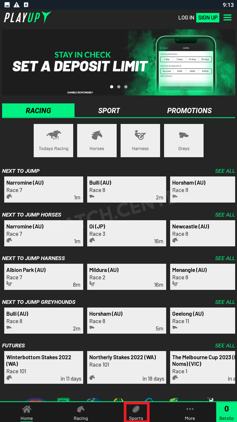 “Sports” section in the PlayUp betting app