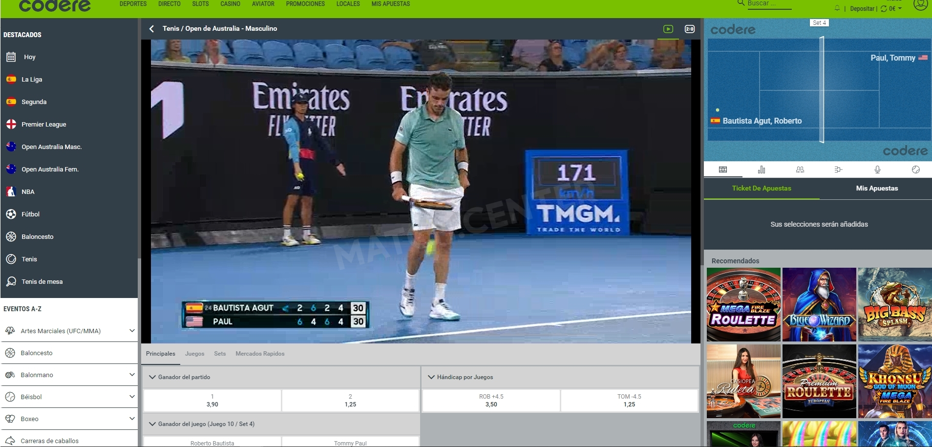 Streaming en vivo Codere - Tenis Open de Australia - Roberto Bautista vs. Tommy Paul