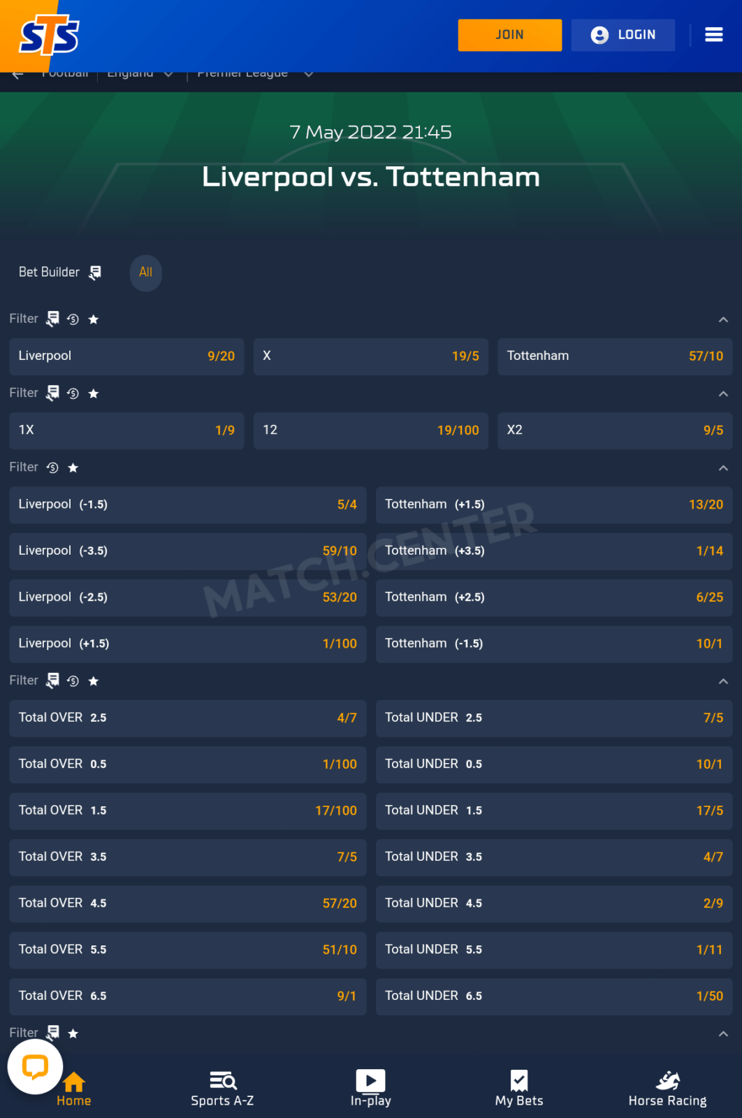 STS Bet, EPL match bets