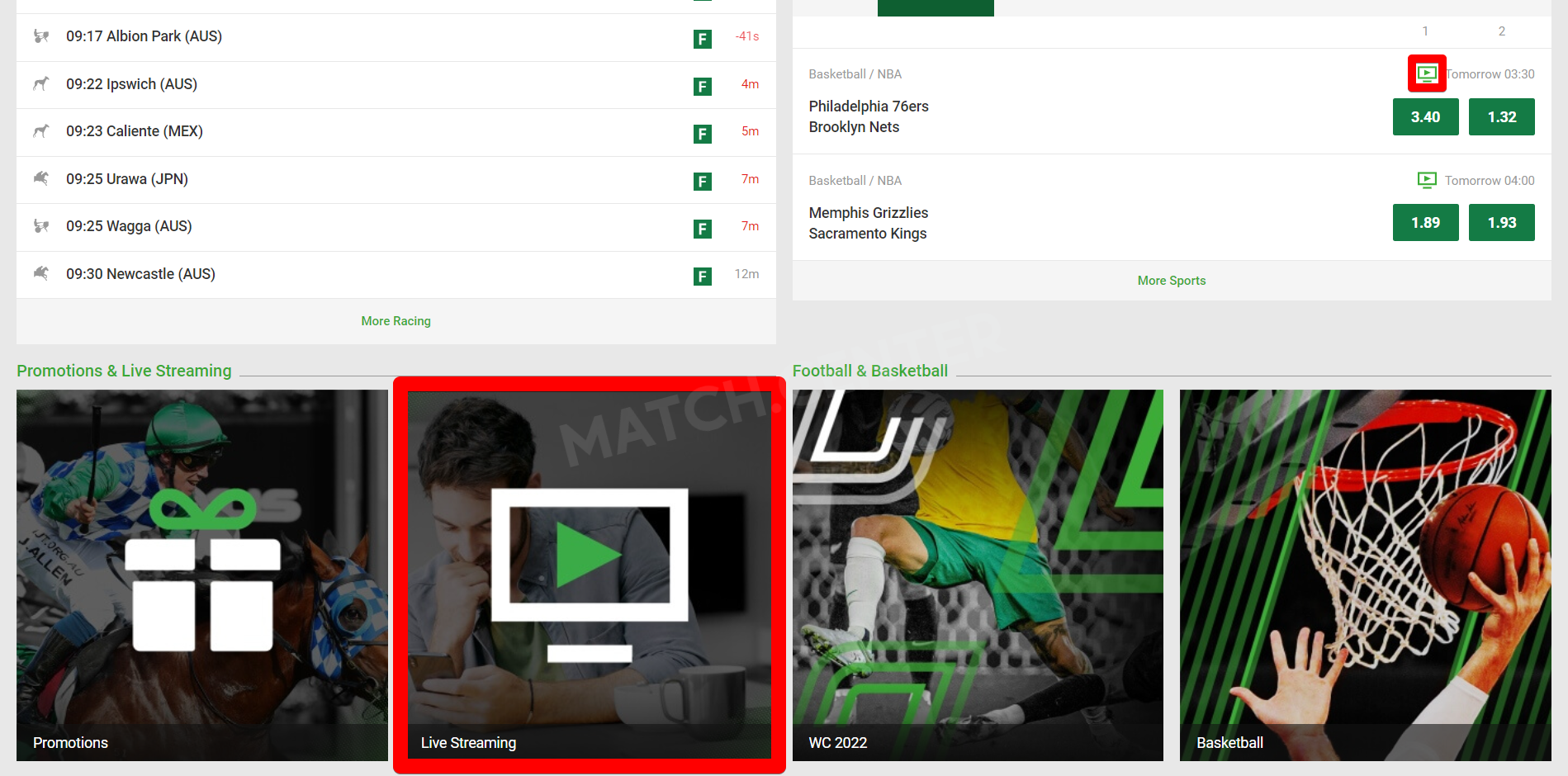 TV icons for streams and the “Streaming” section on Unibet