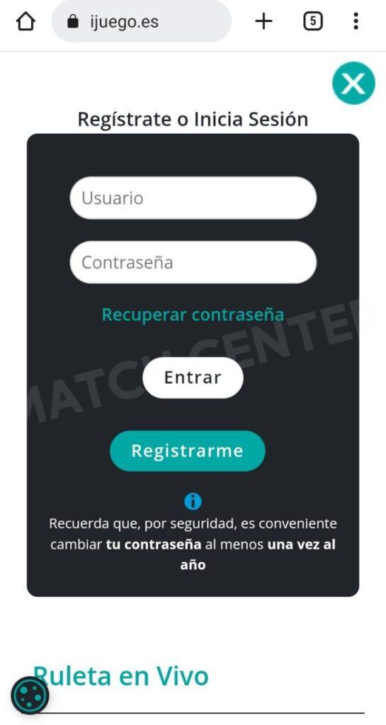 Ventana de autorización / registro en iJuego