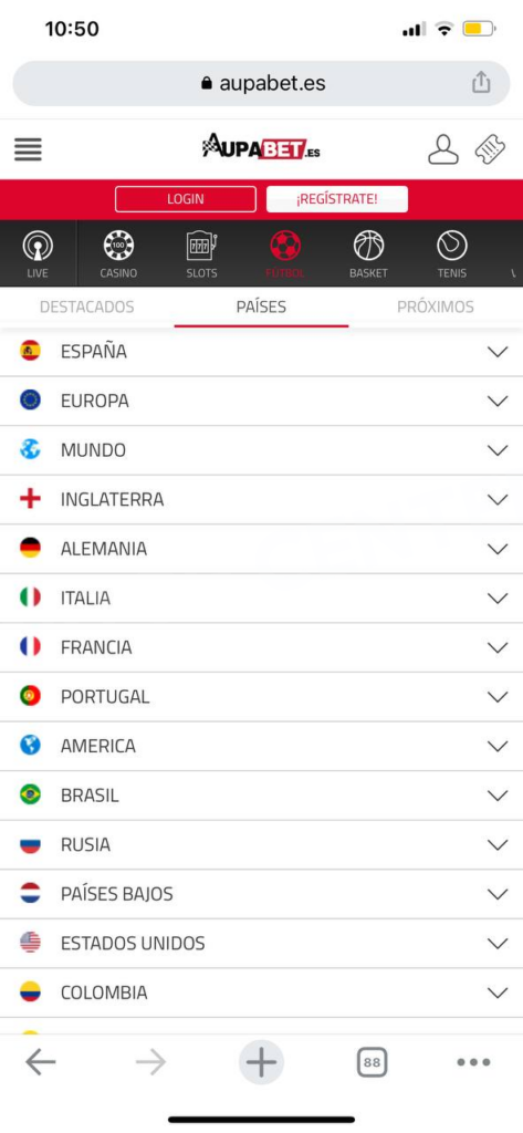 Versión móvil (alternativa a la app) - Eventos de fútbol por países