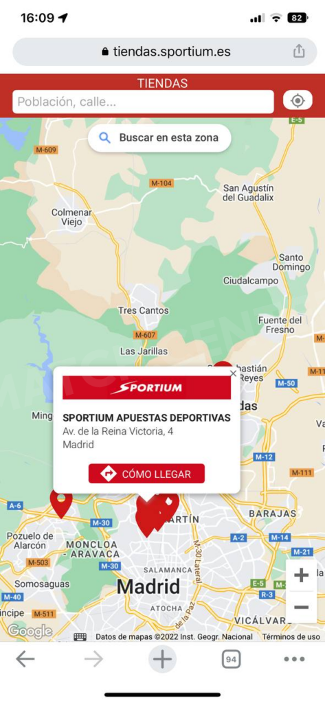 Versión móvil Sportium - Buscador de locales Sportium cercanos