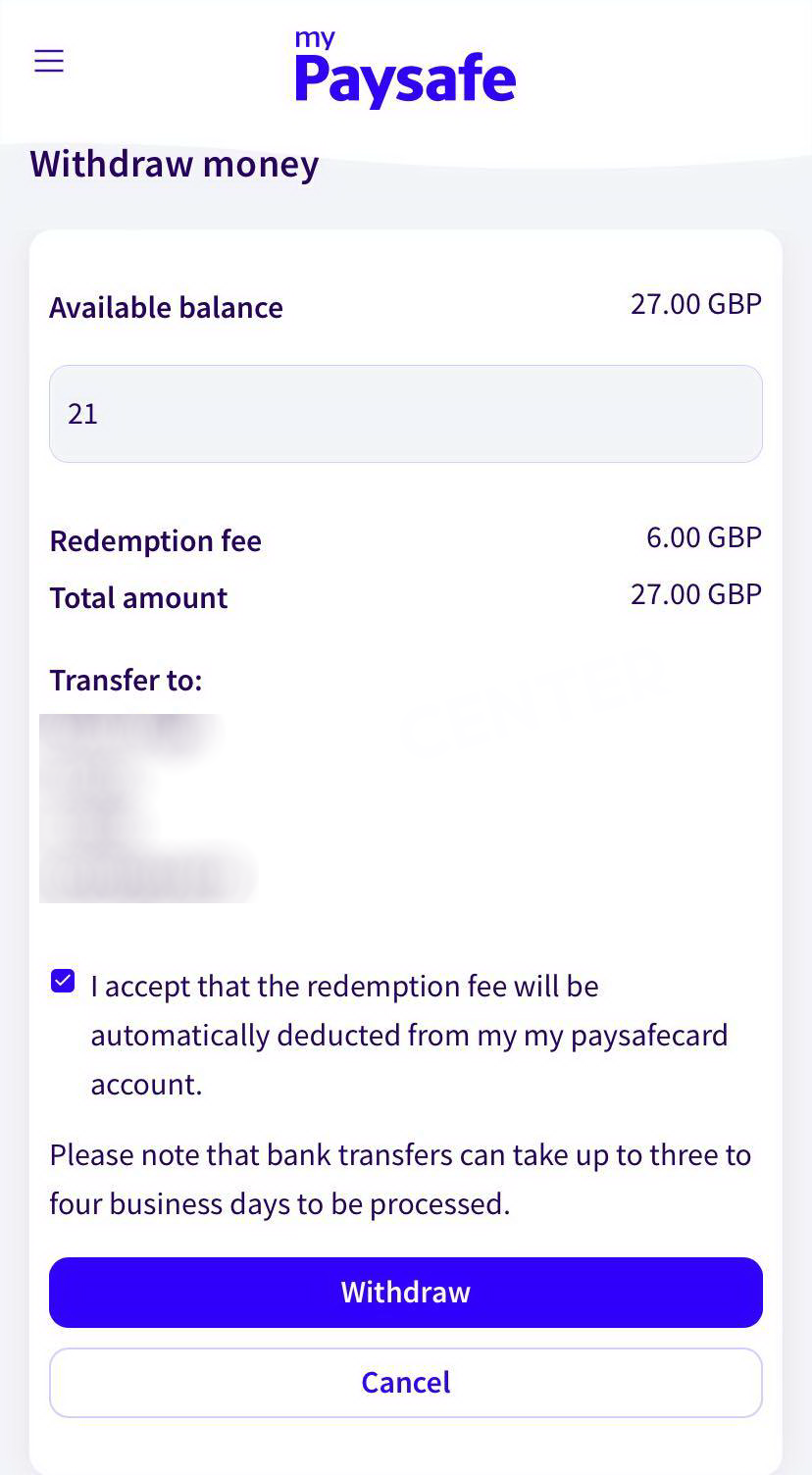 Withdrawal request with a £6 fee